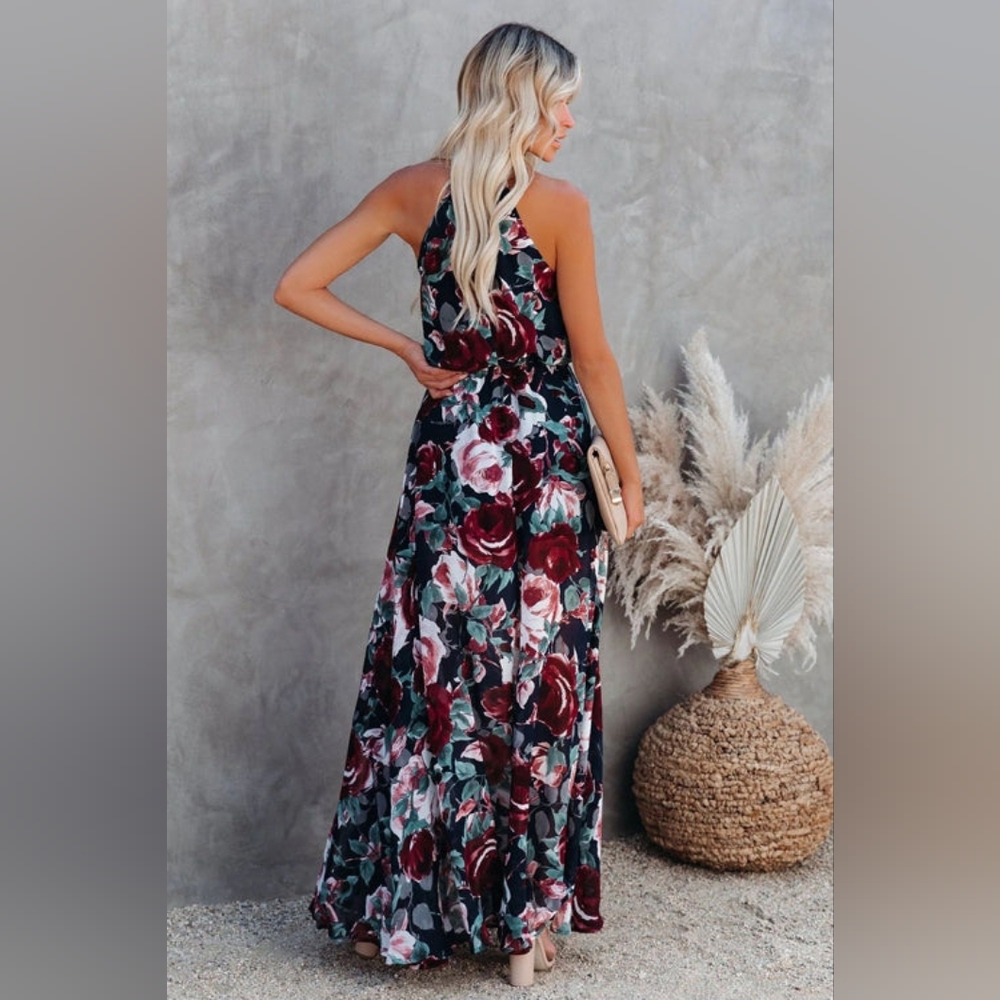 Floral Halter Maxi Dress in Burgundy and Green - Picture 2 of 5